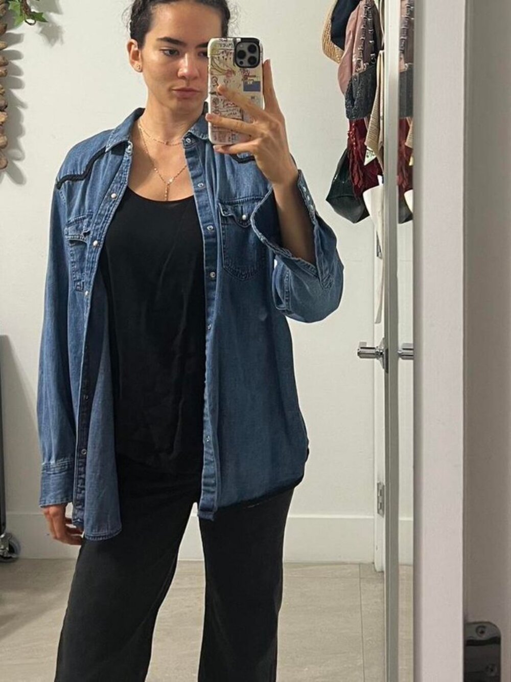 Zara Blue denim shirt with pearl button detailing and black decoration - Picture 3 of 3